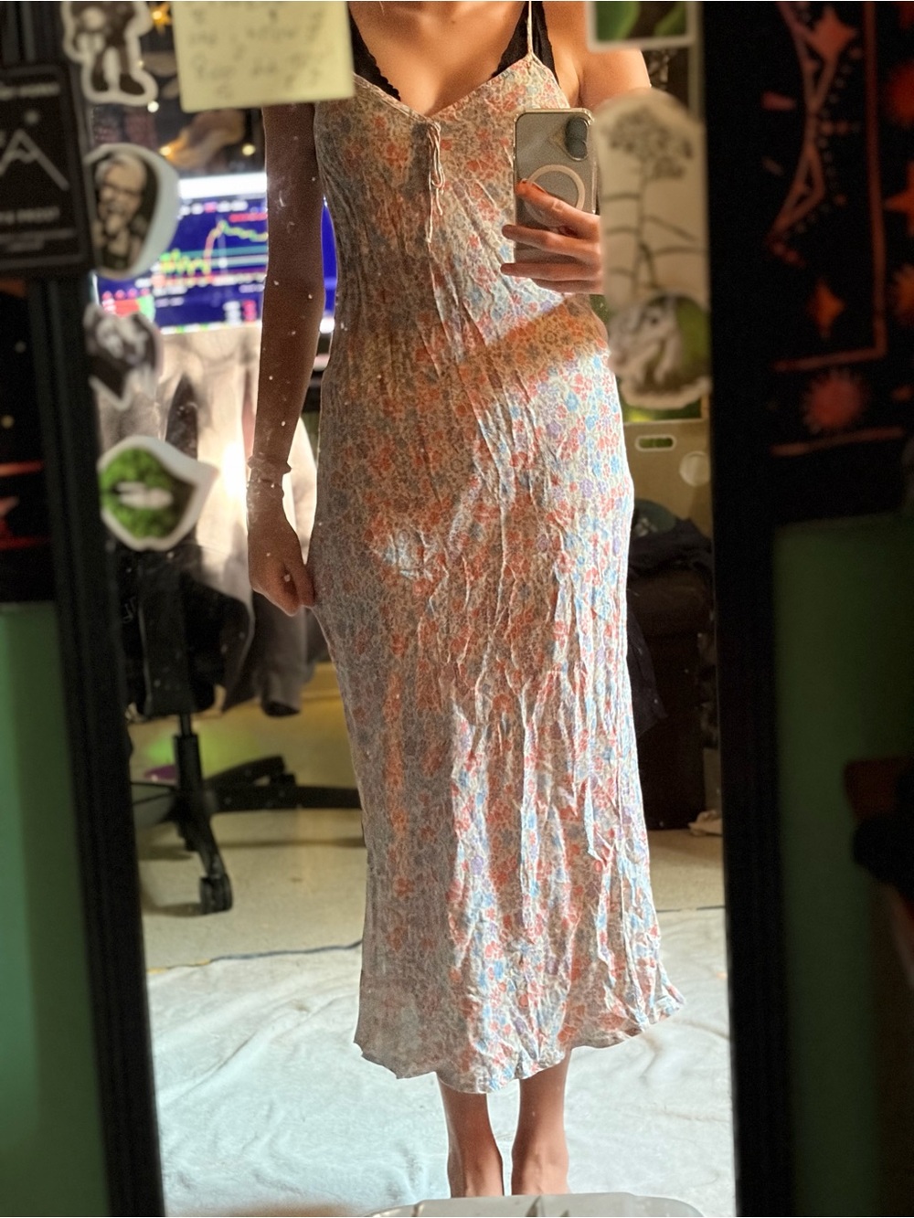 American Eagle Outfitters Floral Slip Midi Dress in Coral and Blue